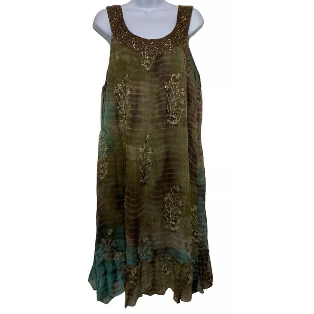 Vijay Singh Dress Women Size XL Turquoise Brown Beaded Sequined Midi Embellished